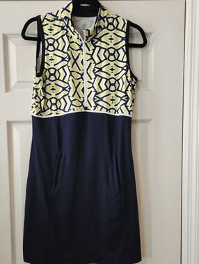 GGblue sport Geo-Print Navy and Yellow Sleeveless Golf Sport Dress